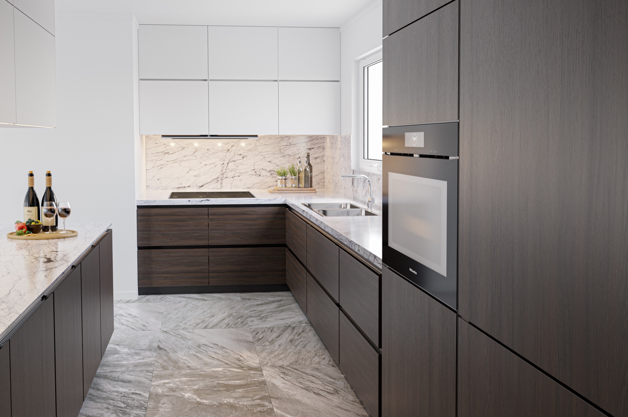 Moderne Küche mit Holzfronten, hellen Wänden und eleganten Geräten.