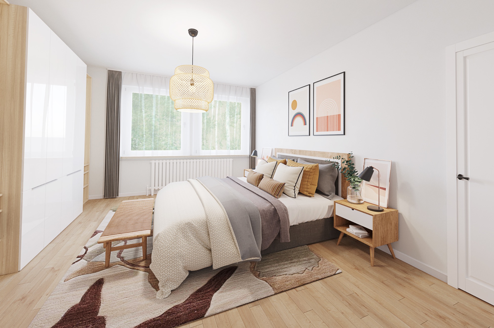 Helles Schlafzimmer mit einem Bett, einem Nachttisch und einem großen Fenster.