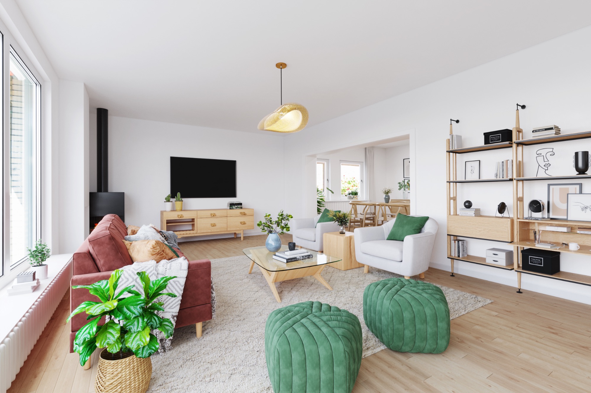Helles Wohnzimmer mit gemütlichen Möbeln, Pflanzen und TV-Möbel.